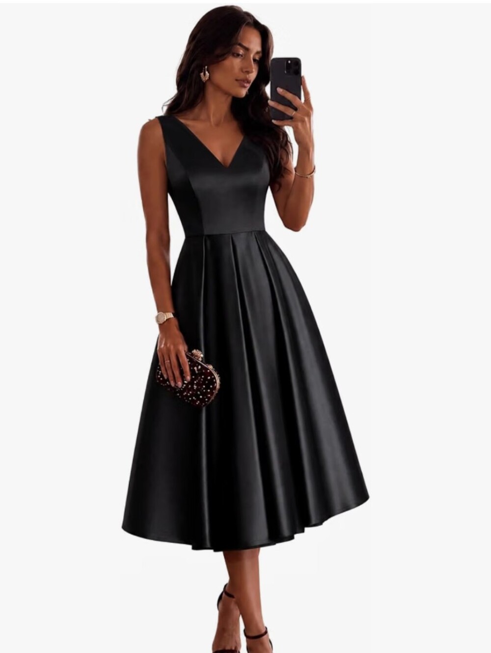Elegant V-Neck Black Midi Dress